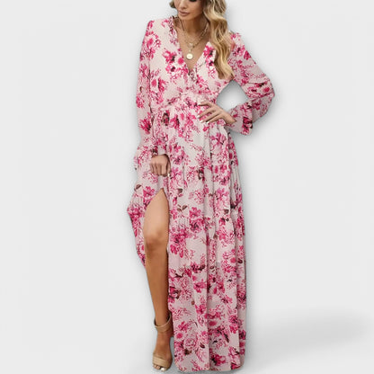 Robe maxi fleurie à col en V pour femme
