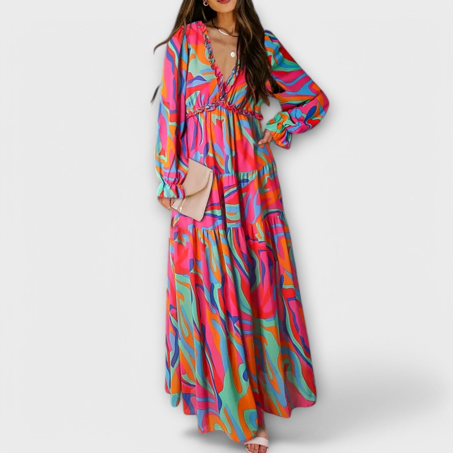 Robe maxi fleurie à col en V pour femme