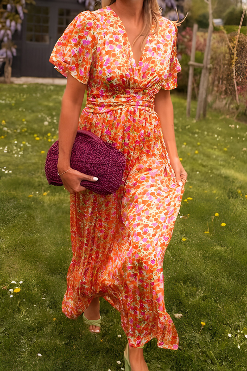 Robe Maxi Fleurie Femme à Col V – Détail Taille Fluide Élastique