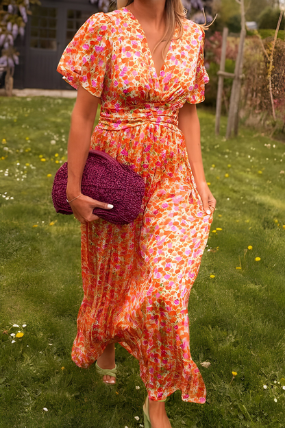 Robe Maxi Fleurie Femme à Col V – Détail Taille Fluide Élastique