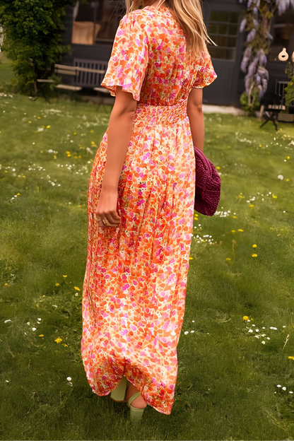 Robe Maxi Fleurie Femme à Col V – Détail Taille Fluide Élastique