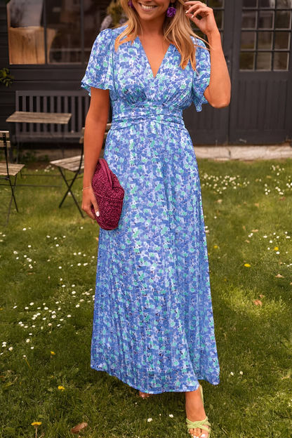 Robe Maxi Fleurie Femme à Col V – Détail Taille Fluide Élastique