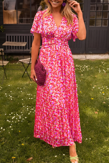 Robe Maxi Fleurie Femme à Col V – Détail Taille Fluide Élastique
