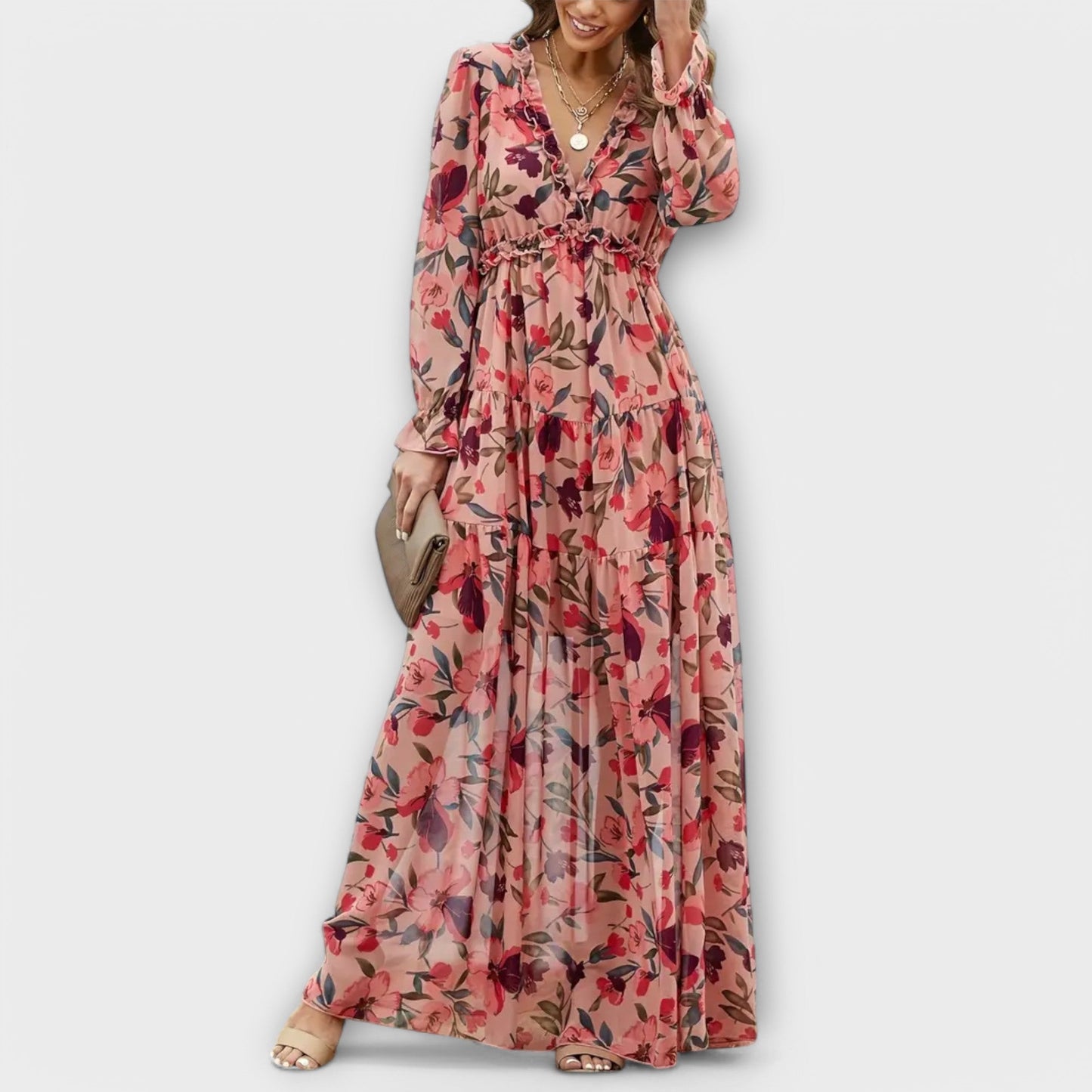 Robe maxi fleurie à col en V pour femme