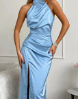 Robe Maxi Femme Satinée à Col Halter – Sans Manches Fente Haute