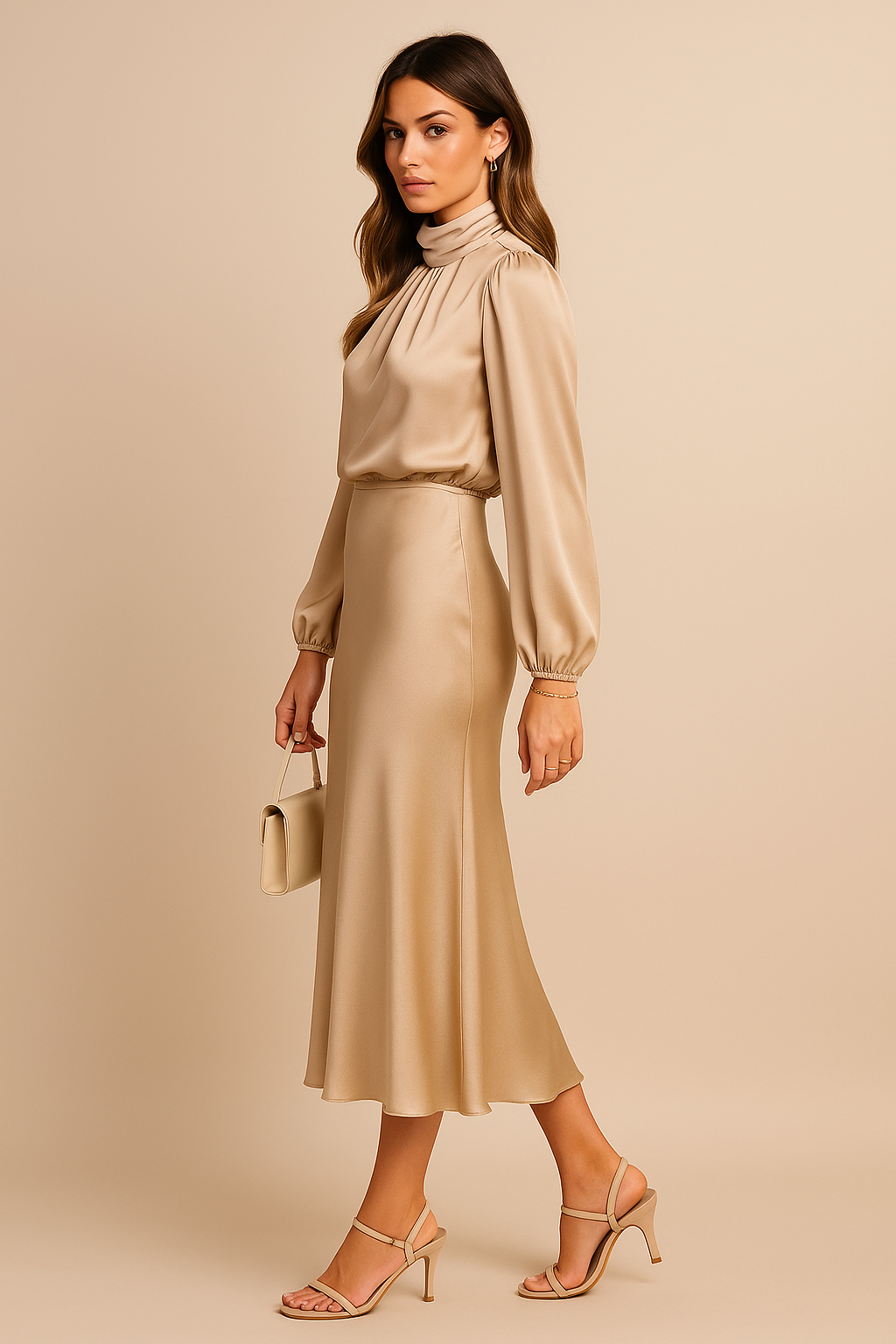 Robe Midi Satin Femme – Manches Longues Col Drapé