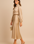 Robe Midi Satin Femme – Manches Longues Col Drapé