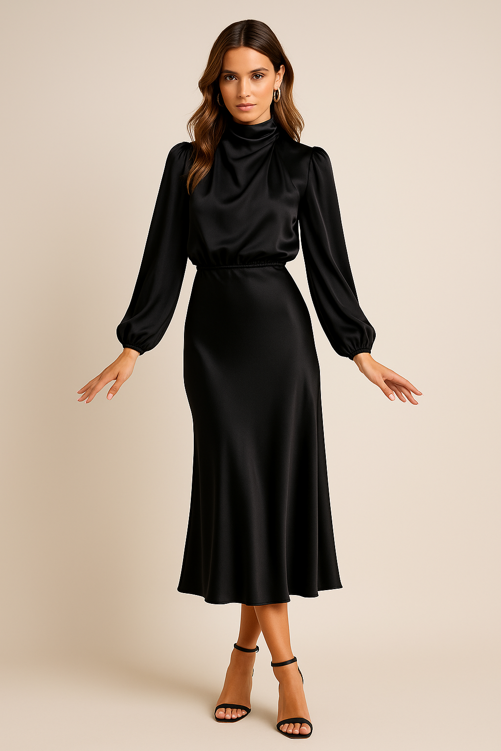 Robe Midi Satin Femme – Manches Longues Col Drapé