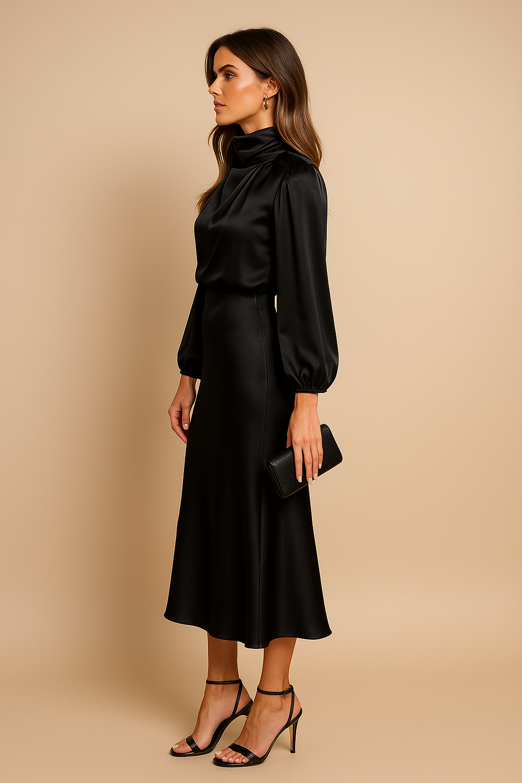 Robe Midi Satin Femme – Manches Longues Col Drapé