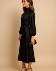 Robe Midi Satin Femme – Manches Longues Col Drapé