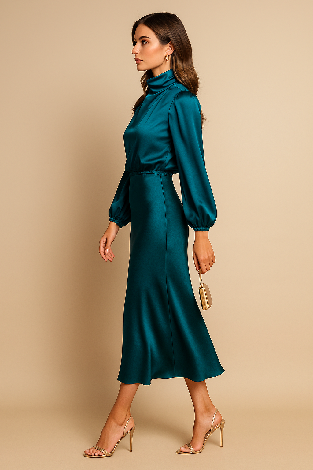 Robe Midi Satin Femme – Manches Longues Col Drapé