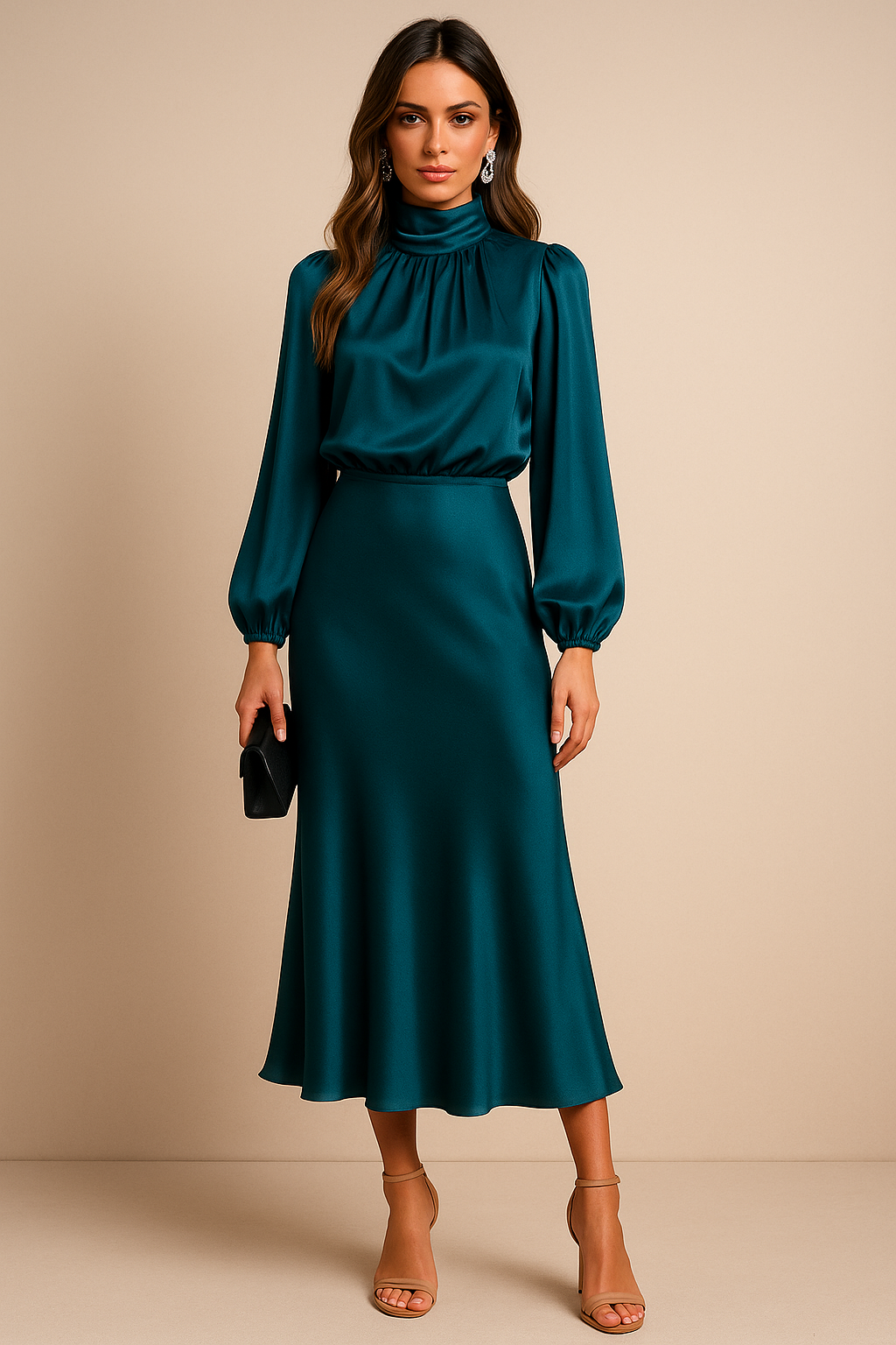 Robe Midi Satin Femme – Manches Longues Col Drapé