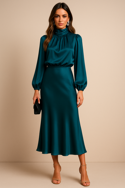 Robe Midi Satin Femme – Manches Longues Col Drapé