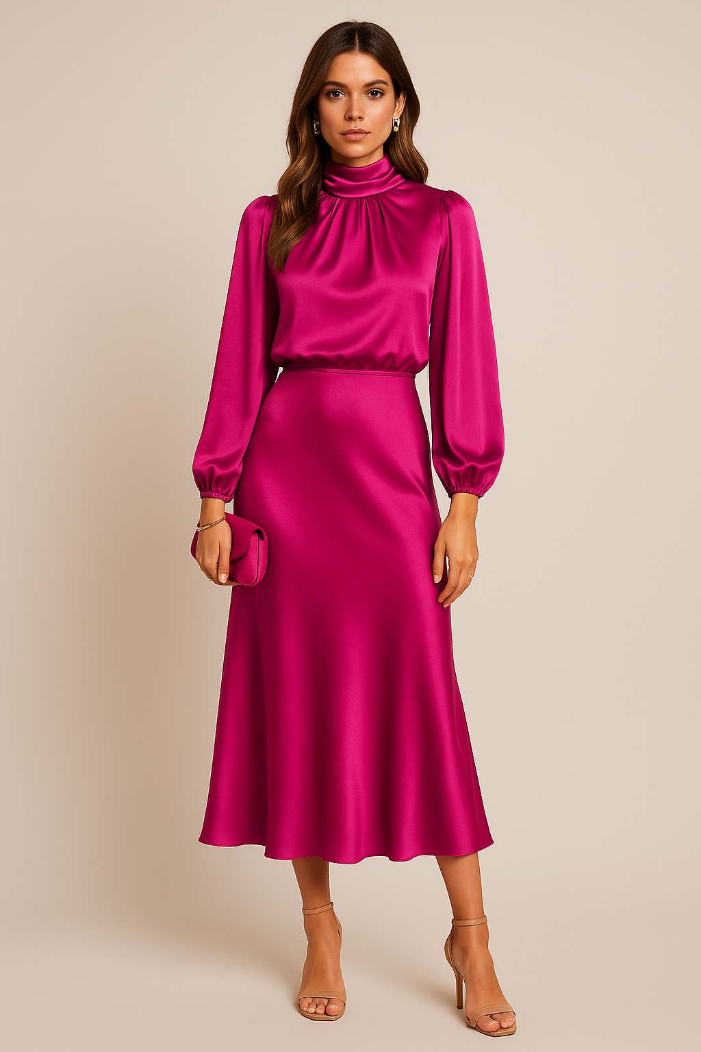 Robe Midi Satin Femme – Manches Longues Col Drapé