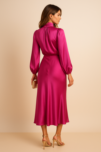 Robe Midi Satin Femme – Manches Longues Col Drapé