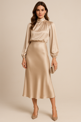 Robe Midi Satin Femme – Manches Longues Col Drapé