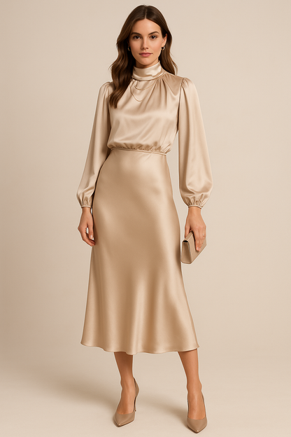 Robe Midi Satin Femme – Manches Longues Col Drapé