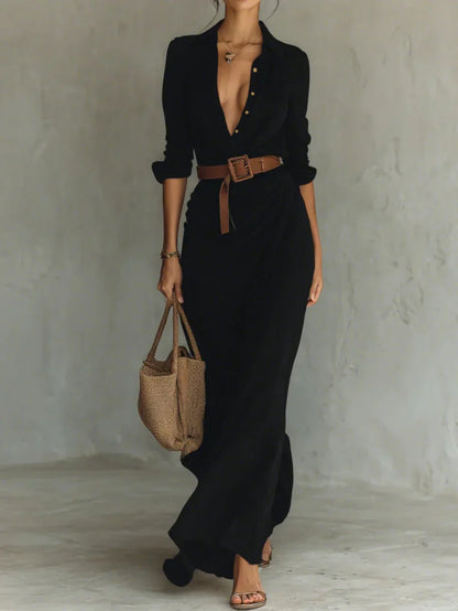 Robe longue ceinturée à manches longues avec col revers pour femme