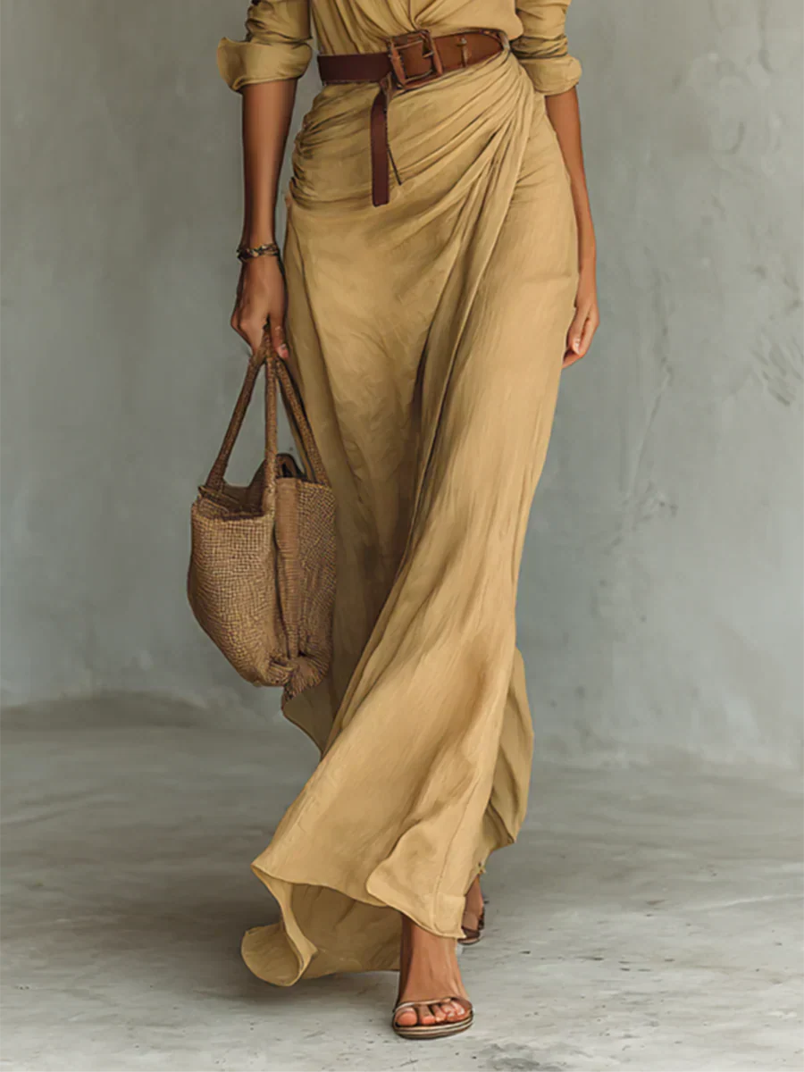 Robe longue ceinturée à manches longues avec col revers pour femme