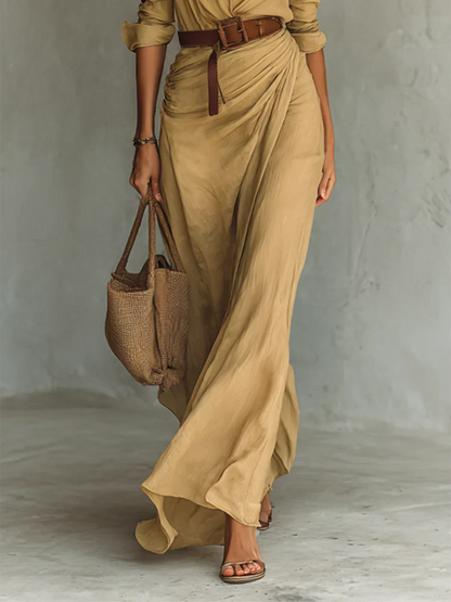Robe longue ceinturée à manches longues avec col revers pour femme
