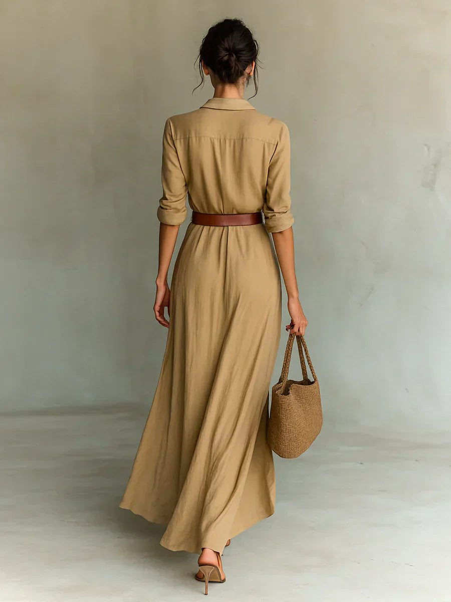 Robe longue ceinturée à manches longues avec col revers pour femme