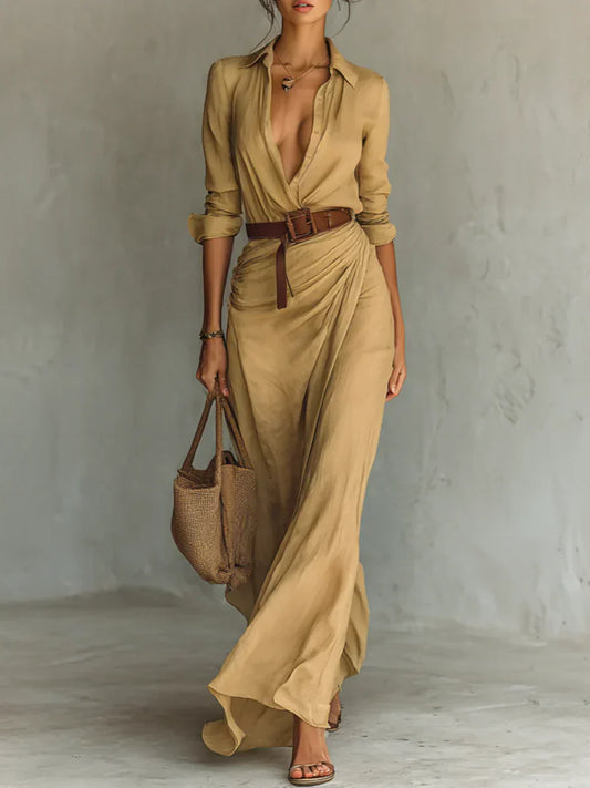 Robe longue ceinturée à manches longues avec col revers pour femme