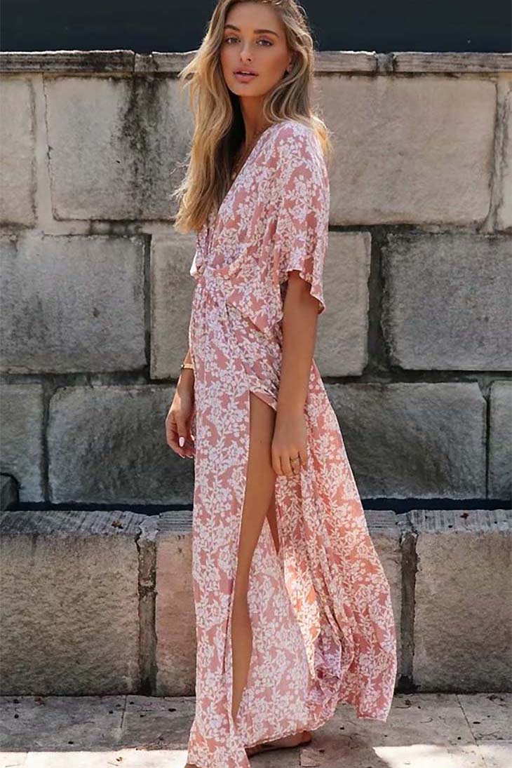 Robe longue portefeuille rose pour femme