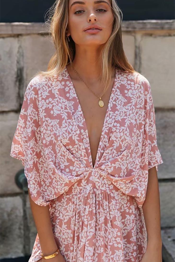Robe longue portefeuille rose pour femme