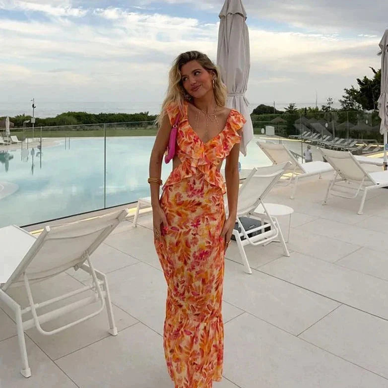 Robe Maxi Femme à Volants – Détail Dos Nu Fluide