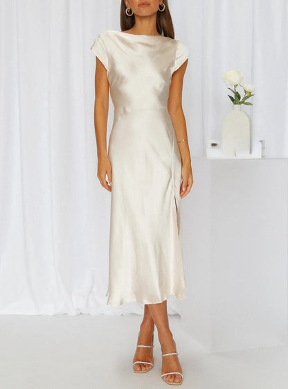 Robe Midi Femme Col Bateau Manches Courtes – Fente Latérale Élégante