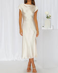 Robe Midi Femme Col Bateau Manches Courtes – Fente Latérale Élégante