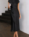 Robe Midi Femme Col Bateau Manches Courtes – Fente Latérale Élégante