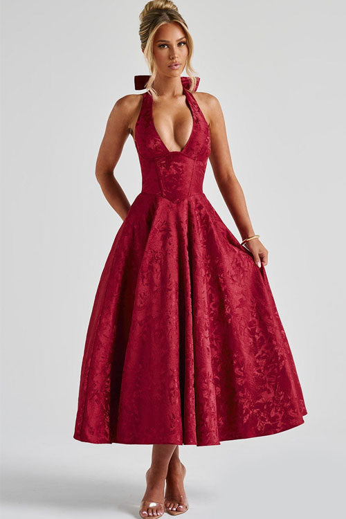 Robe maxi jacquard sans manches à col en V et col halter pour femme