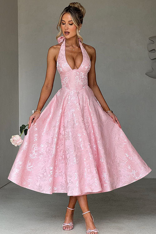 Robe maxi jacquard sans manches à col en V et col halter pour femme