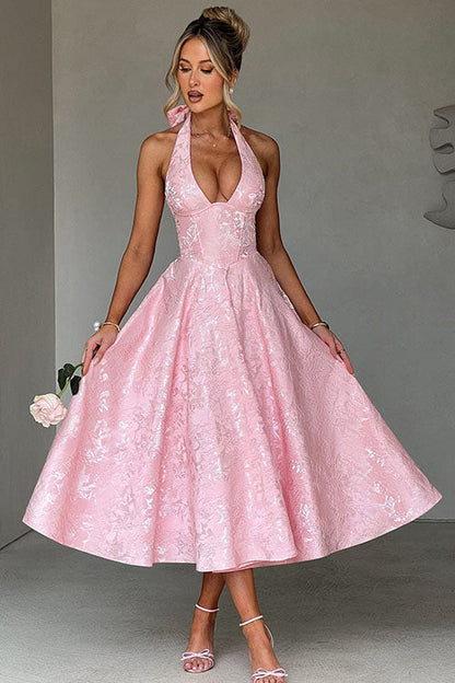 Robe maxi jacquard sans manches à col en V et col halter pour femme