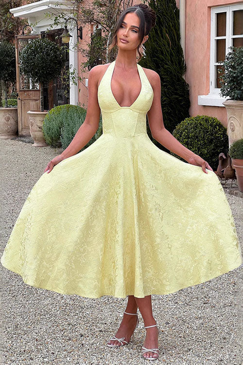 Robe maxi jacquard sans manches à col en V et col halter pour femme