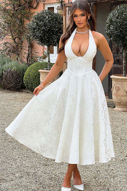 Robe maxi jacquard sans manches à col en V et col halter pour femme