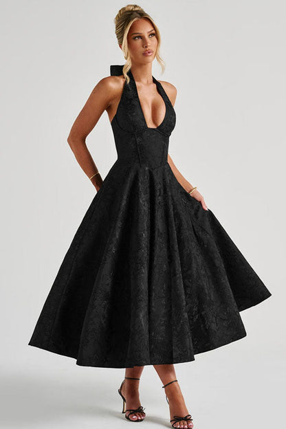Robe maxi jacquard sans manches à col en V et col halter pour femme