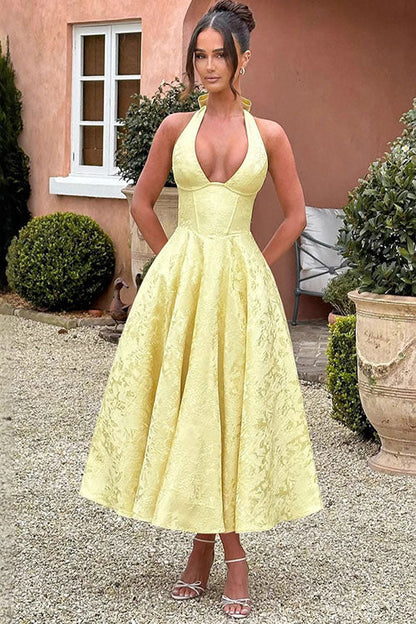 Robe maxi jacquard sans manches à col en V et col halter pour femme