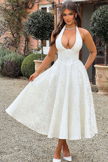 Robe maxi jacquard sans manches à col en V et col halter pour femme