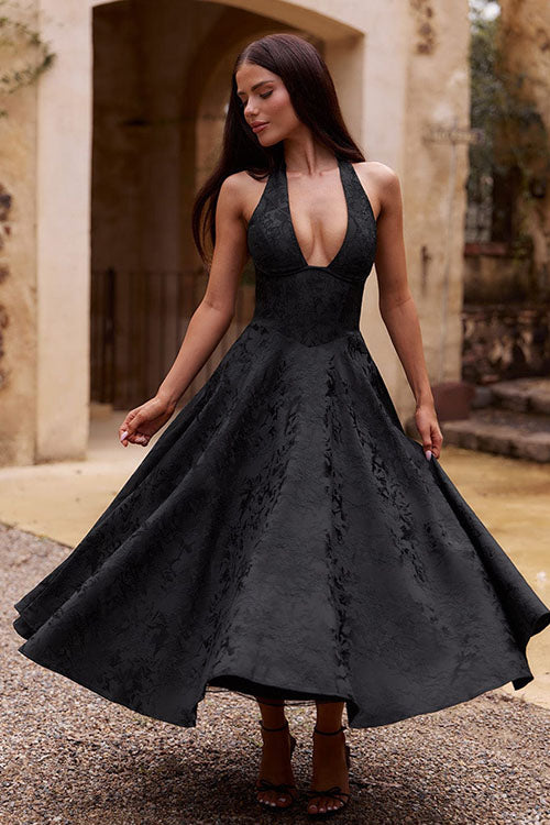 Robe maxi jacquard sans manches à col en V et col halter pour femme