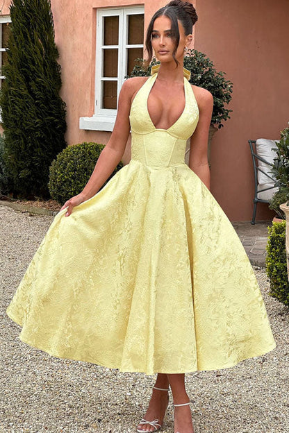 Robe maxi jacquard sans manches à col en V et col halter pour femme