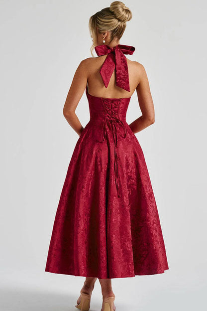 Robe maxi jacquard sans manches à col en V et col halter pour femme