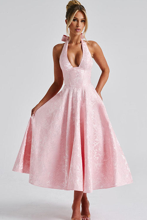 Robe maxi jacquard sans manches à col en V et col halter pour femme