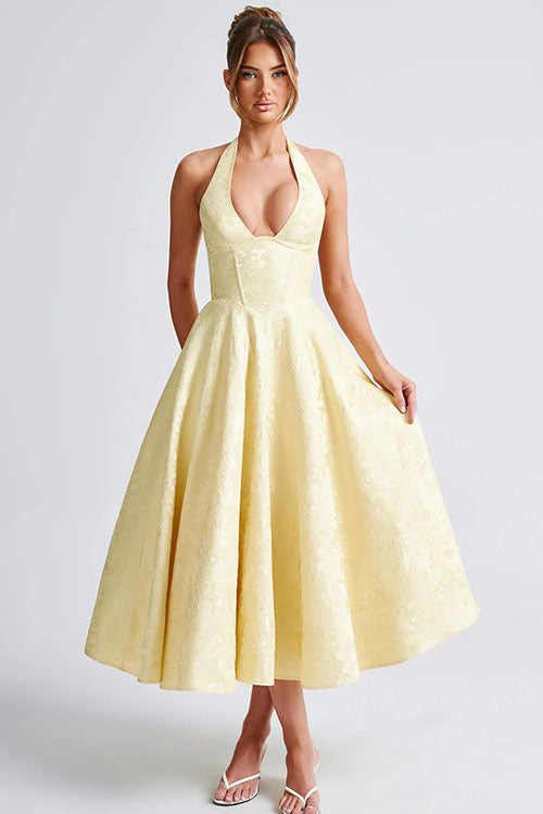 Robe maxi jacquard sans manches à col en V et col halter pour femme
