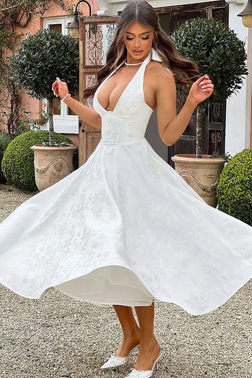 Robe maxi jacquard sans manches à col en V et col halter pour femme