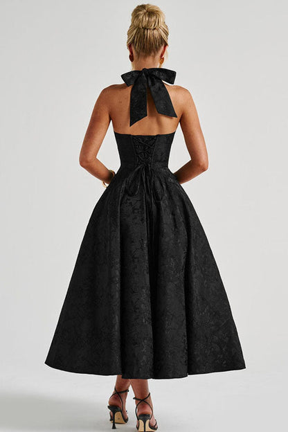 Robe maxi jacquard sans manches à col en V et col halter pour femme