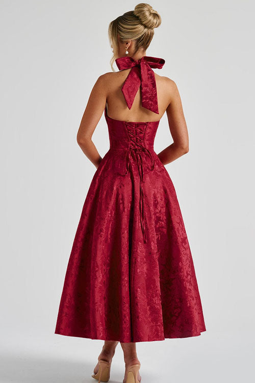 Robe maxi jacquard sans manches à col en V et col halter pour femme