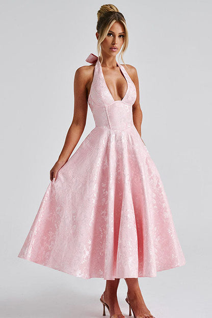 Robe maxi jacquard sans manches à col en V et col halter pour femme