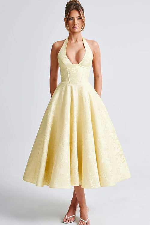 Robe maxi jacquard sans manches à col en V et col halter pour femme